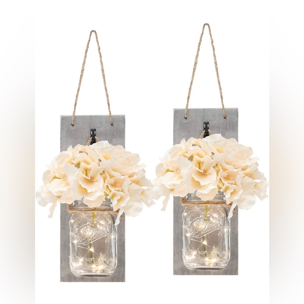 Hanging Mason Jar Sconces with LED Fairy Lights, Silk Hydrangea, NEW in Box
